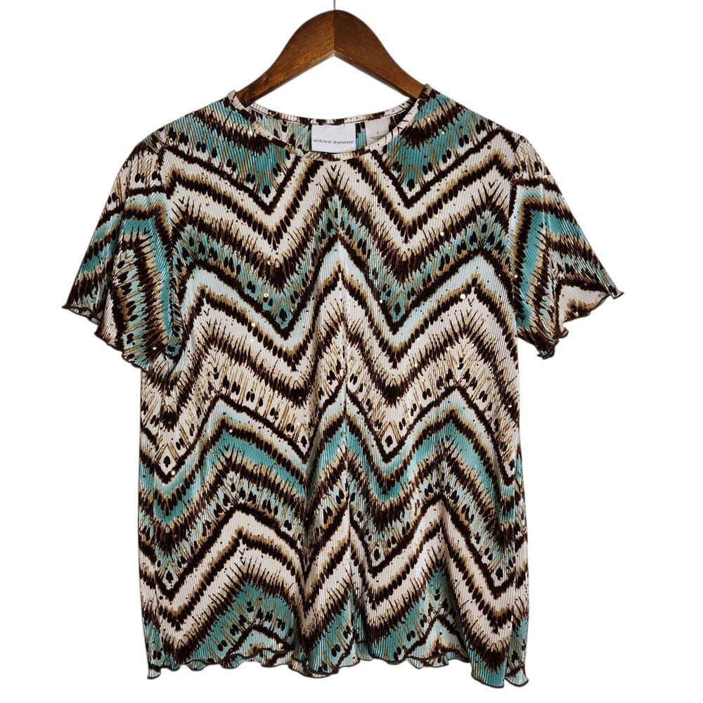 ALFRED DUNNER Womens Small Teal/Brown Chevron Print Pleated Polyester Sequin Top